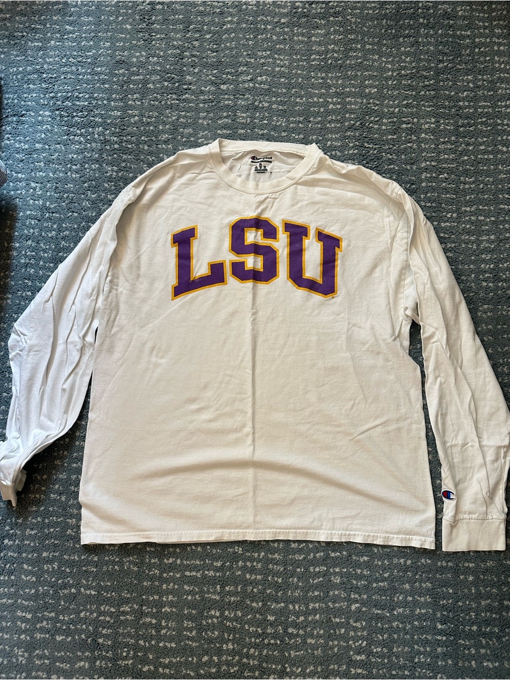 Champion White Long-Sleeve LSU Crewneck with Purple and Gold Lettering